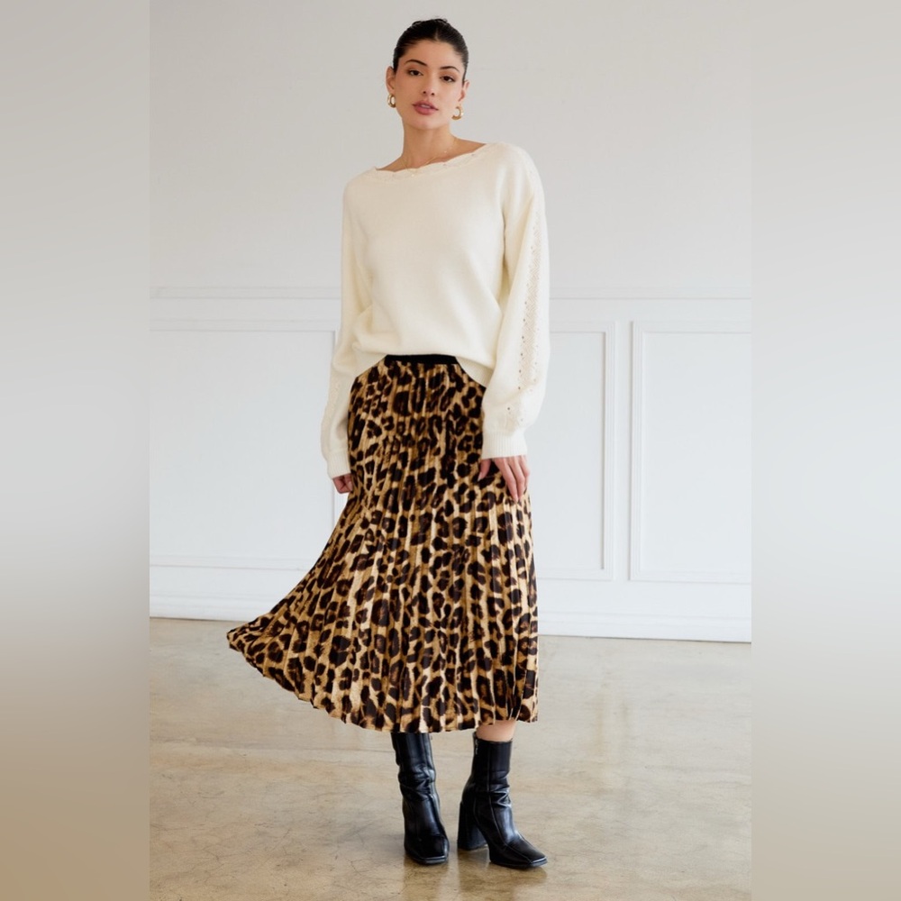 Leopard Print Accordion Pleated Midi Skirt - Sunday Edition